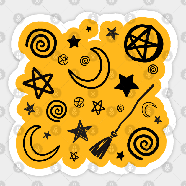 Blessed Be, Broom Stick, Harm None, Pentacle, Spiral, Star… in black + white Sticker by drumweaver